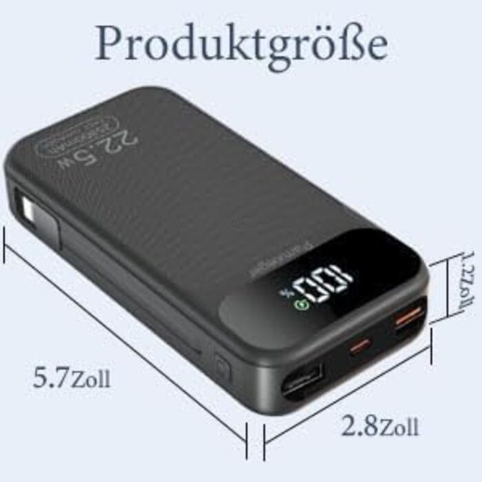 Power Bank 25800mAh 22,5W з LCD дисплеєм: швидка зарядка PD3.0 QC4.0, USB-C вхід/вихід, портативний зарядний пристрій для смартфонів