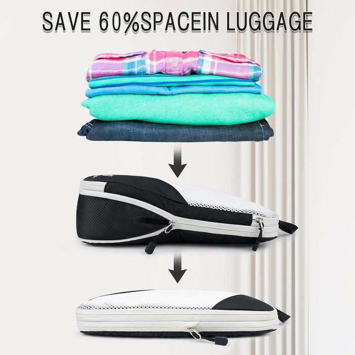 Органайзери для валіз AiQInu, 5 шт. - Набір для пакування з компресійними мішками, мішок для білизни та для взуття. Легкі, розширювані, для ручної поклажі (Чорний)