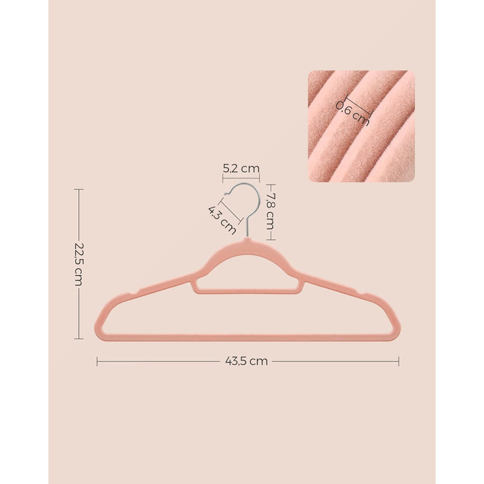 Плечики SONGMICS для одягу, велюрові, набір 50 шт., для сорочок, пальто, штанів, краваток, обертовий гачок, 43,5 см, срібно-рожевий