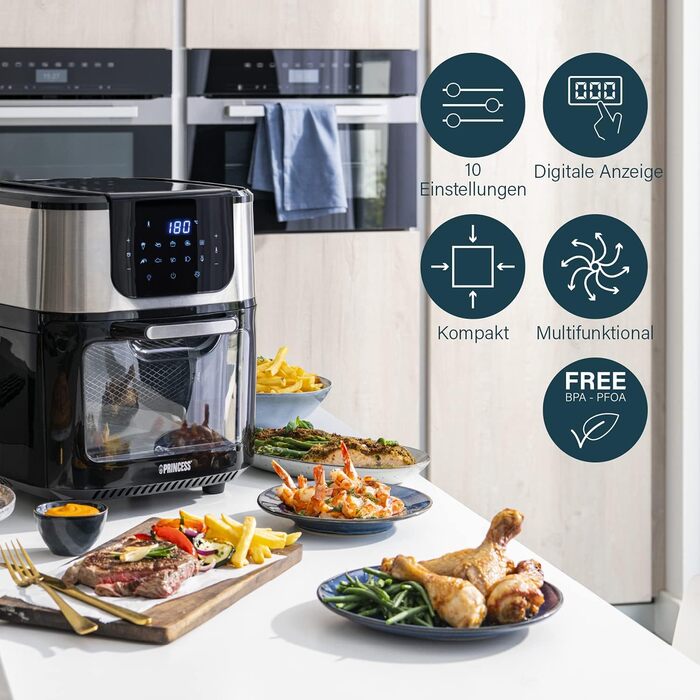 Princess Aerofryer Oven Deluxe - 11 Liter Capacity; 1800W; 65-200°C; 10 Programs; incl. Rotating Basket, Rotisserie Spit, 3 Baking Sheets, Crumb Tray, Handle, 182075, Black/Silver REGULAR 11L