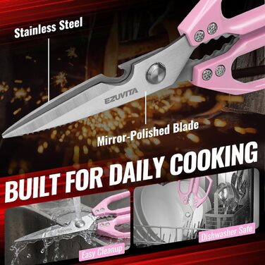 Кухонні ножиці 5-в-1 з пінцетом, титанове покриття, нержавіюча сталь, для кухні, птиці, риби, м'яса (чорний & рожевий)