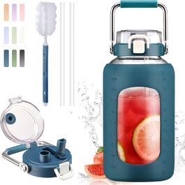 BLUEGO 2500ml Glass Water Bottle with Stainless Steel Handle, 2.5L Large Water Bottle with Time Markers and Silicone Sleeve, Half Gallon Water Jug BPA-free for Sports, Daily Use, Light Green (Dark Blue)