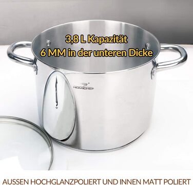 HOMICHEF Суповий каструля 9,5 л з кришкою, нікель-вільна нержавіюча сталь, індукційна, полірована, срібляста, з ручками