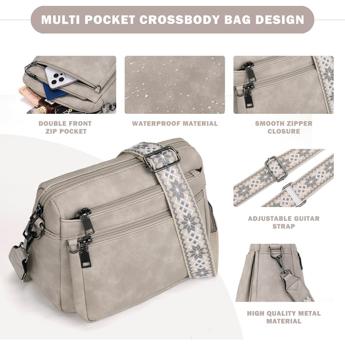 Сумка жіноча через плече MUIIKOLA середнього розміру, екошкіра бежево-сірого кольору, м'який широкий ремінь