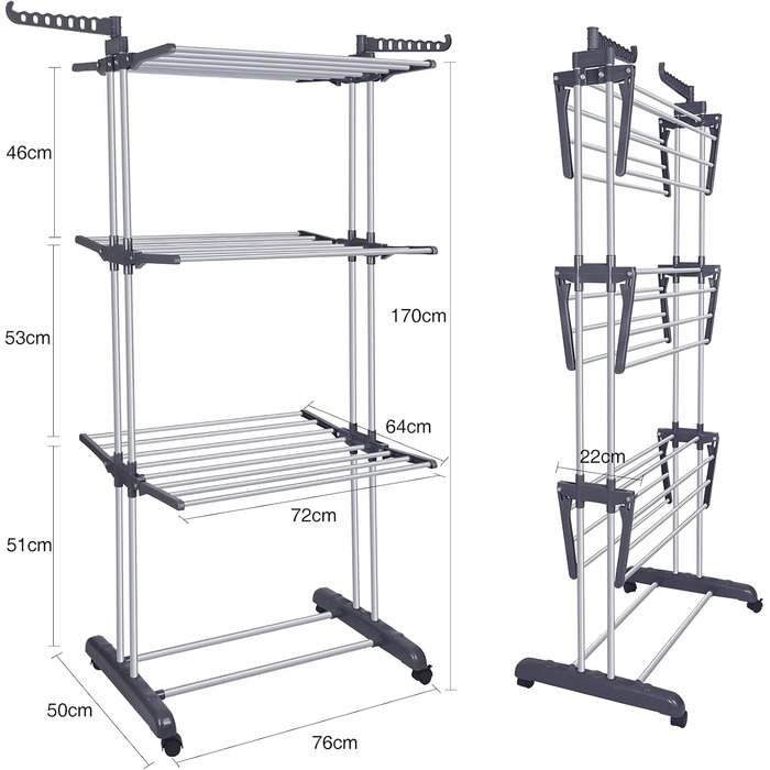 Bigzzia Clothes Rack Foldable 3 Tiers Stainless Steel Clothes Dryer Drying Rack with Two Side Wings Grey