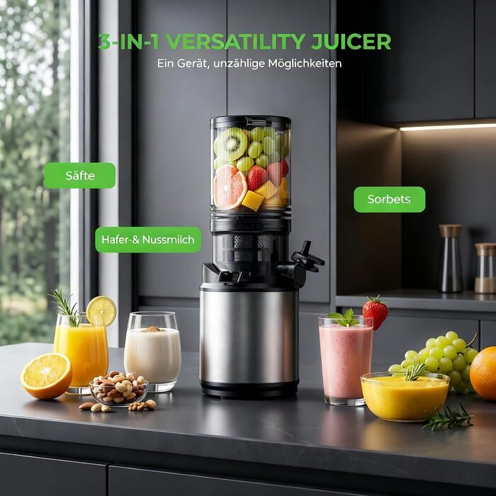 Електрична соковижималка для овочів та фруктів Slow Juicer, шнекова соковижималка для смузі та сорбету, широкий завантажувач 130 мм, 250 Вт, тиха, легка в очищенні, Titanium Gray