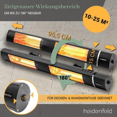 Інфрачервовий нагрівач Heidenfeld IH110 | 3 роки гарантії - 3000 Вт - з пультом дистанційного керування - електричний нагрівач для тераси | Чорний