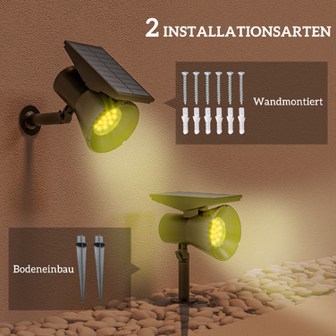 Outsunny Solar Lights Garden Lights with 2 Light Colors, IP54 Waterproof for Ground and Wall Mounting, Ideal for Balcony and Patio, Black