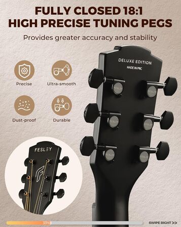 Акустична гітара Fesley X Kit FD60C, 41 дюйм, 6 струн, чорний колір, для початківців, з аксесуарами