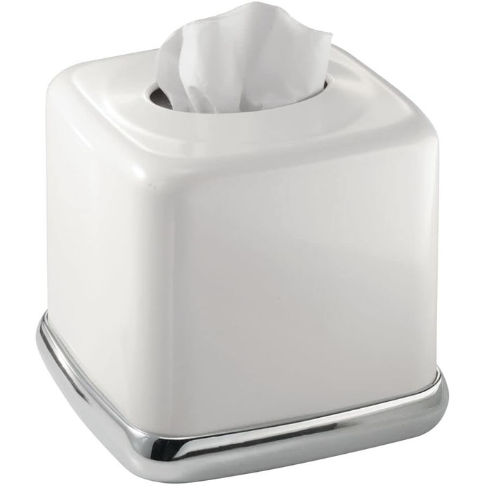 mDesign Cosmetic Tissue Box - Practical tissue box for the bathroom made of metal with a white finish and chrome accents - Paper tissue box in a modern & minimalist design