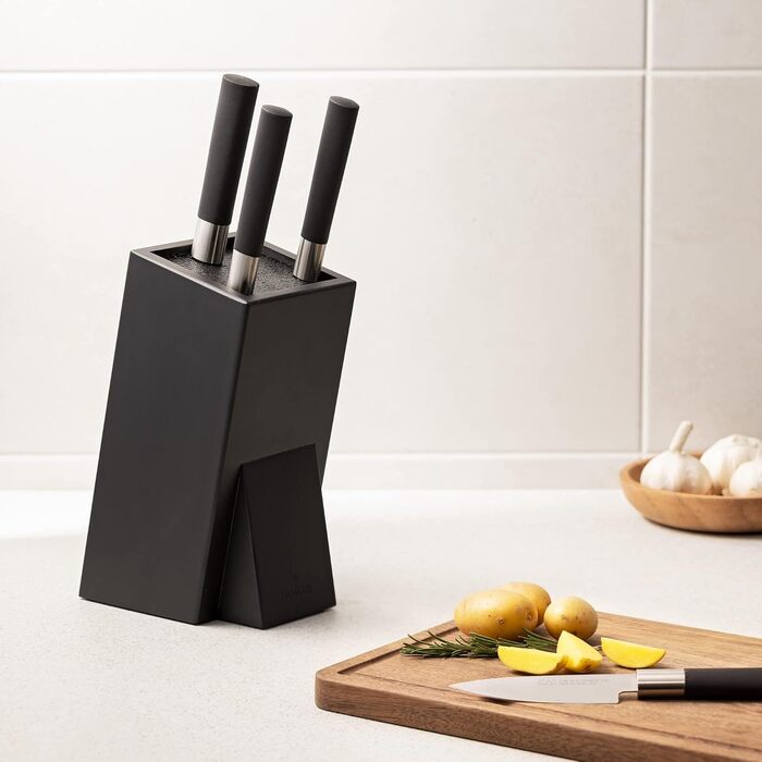 Navaris Acacia Wood Knife Block with Bristle Insert - Unfitted Knife Block made of Wood - Universal for Kitchen Knives, Chef's Knives, Cooking Utensils - Black