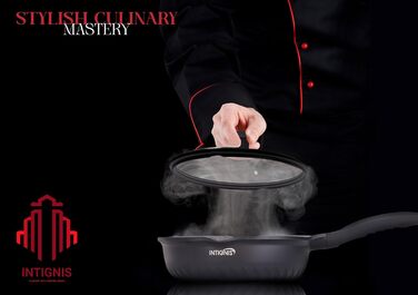 INTIGNIS® Преміум сковорода з кришкою, антипригарна, 28 см, глибока, сумісна з усіма типами плит, включаючи індукційну, без хімікатів, з надзвичайною антипригарним покриттям, чорна