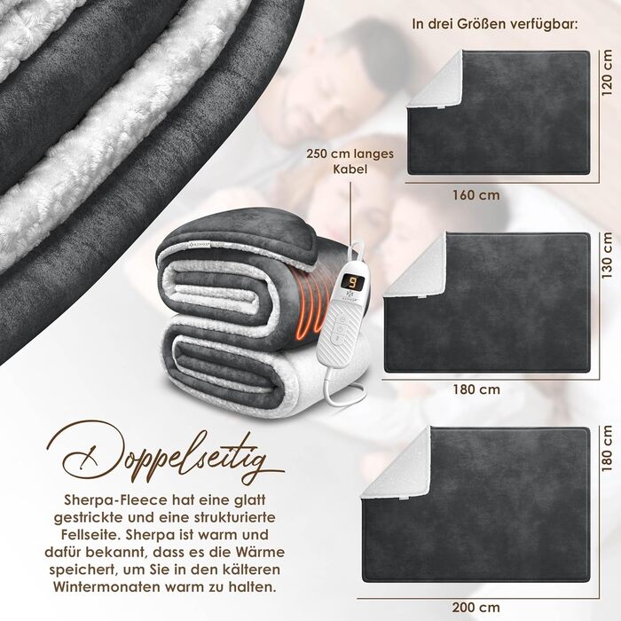 Електрична грілка KESSER® 200x180 см з автовимкненням | 9 температурних режимів | Зручна та тепла | Для ліжка та дивану | Можливість прання до 40°C | з таймером та цифровим дисплеєм | Антрацит