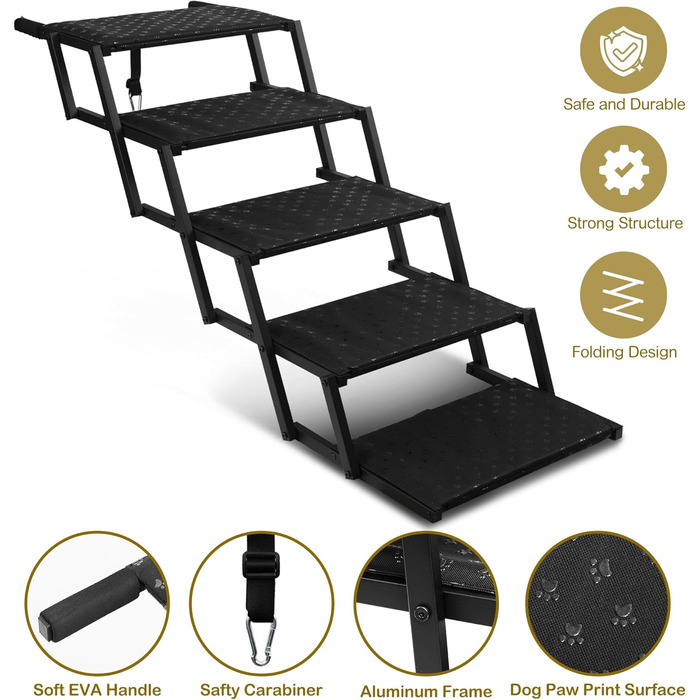 Сходинка для собак у машину – складана пандус для великих собак з антиковзким покриттям, переносна сходинка для авто, SUV, вантажівок, витримує до 90 кг, (ширина 5 сходинок)