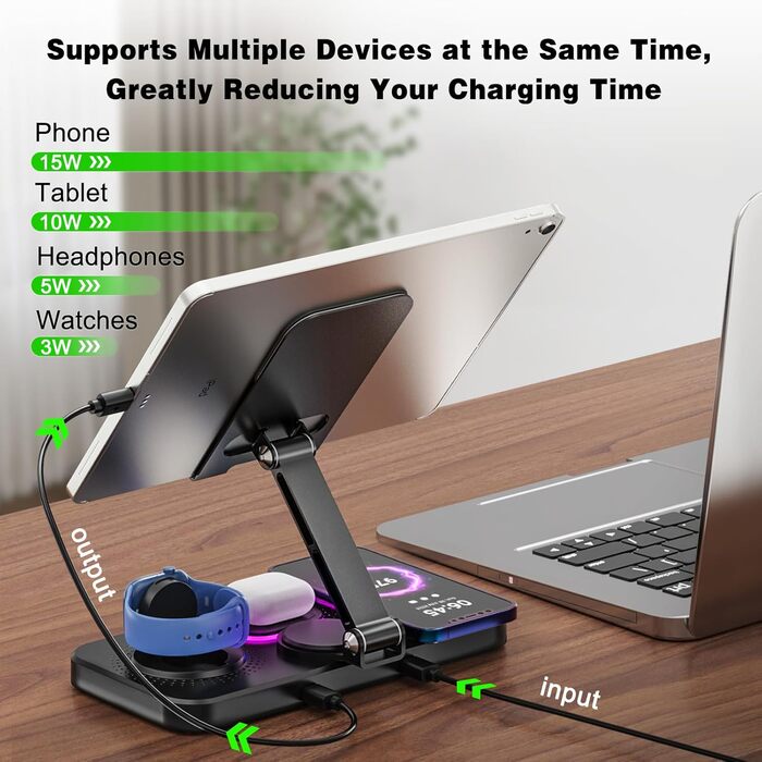 Бездротова зарядна станція 4-в-1 для iPhone, складаний тримач для планшета, індуктивне зарядне для iPhone 16/15/14/13/12/11 та iWatch