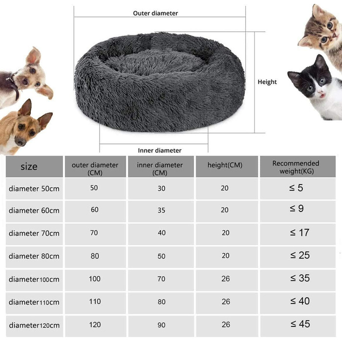 М'яке ліжко для собак Haoye, кругла подушка для домашніх тварин, ліжко для котів та собак Donut, миється, зручне ліжко для котів та собак (діаметр 50-120 см / 7 розмірів), діаметр 60 см (чорний, 80 см)