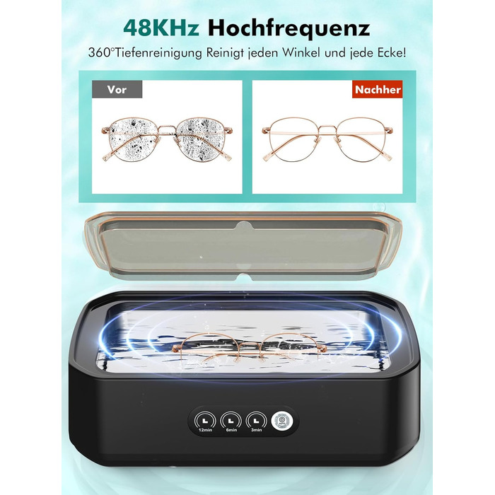 Ультразвукова мийка для ювелірних виробів та окулярів, 650 мл, 48 кГц, глибоке очищення 360°, чорний колір