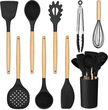 Набір кухонних аксесуарів Homikit 9 шт. з чорного силікону та дерев'яними ручками