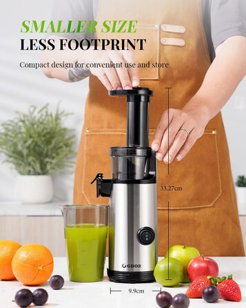 GDOR Compact Juicer - Powerful Juicer, Slow Juicer, Easy-to-Clean Juicer Machine, Quiet Juicer for Fruits and Vegetables, 600 ml, High Juice Yield, Includes Brush, BPA-Free Silver