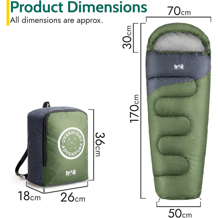 Дитячий спальний мішок Trail Mumienschlafsack 3 сезони для кемпінгу – 300gsm – для хлопчиків та дівчаток – з легким рюкзаком (Хакі)