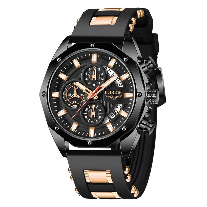 Годинник чоловічий LIGE з датою, кварцовий, аналоговий, чорний, з силіконовим ремінцем, водонепроникний, ретро, хронограф, вінтажний, для чоловіків