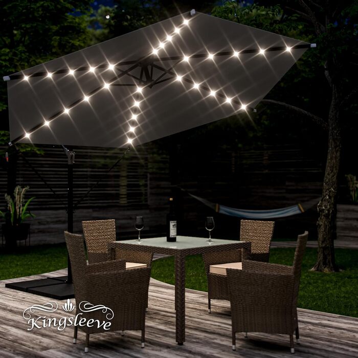 Kingsleeve® Canopy Umbrella LED Lighting UV Protection 80+ Solar Stand Protective Cover 300cm Large Crank Balcony Terrace Garden Umbrella Parasol Anthracite