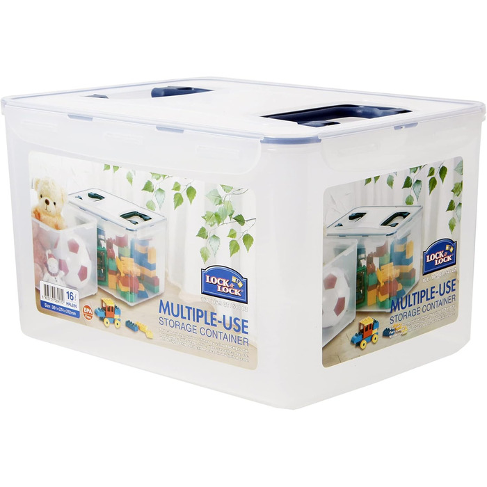 LocknLock PP CLASSIC Storage Box with Lid and Handles | 16 L, 361 x 274 x 212 mm | 100% Airtight | Semi-Transparent Storage Container | Storage Box with Lid for Household Items