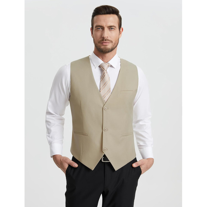 Костюмний жилет чоловічий HISDERN: елегантний, slim fit, для весілля та офіційних заходів, 3 ґудзики, кишені, S-4XL, бежевий XL