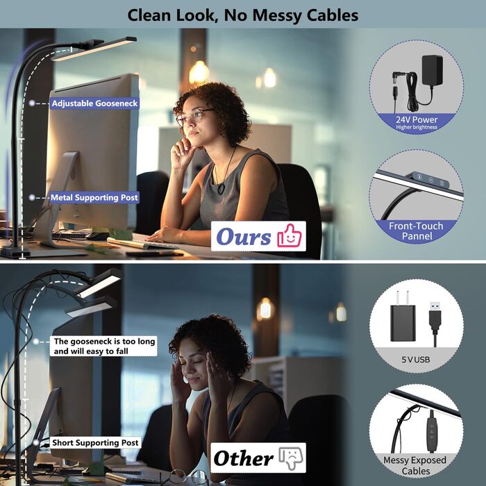 LED Desk Lamp with Adjustable Neck, 1200 Lumens, Dual Head Clamp-On for Home Office, Eye Protection, Gooseneck, Office Table Lamp, Monitor Light with 5 Color Temperature & Brightness Levels (Black-Metal Base)