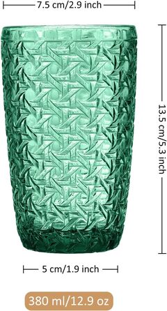 Joeyan 380ml Green Drinking Glasses with Embossed Design, Water Glasses Dishwasher Safe, Long Drink Glasses Set of 4