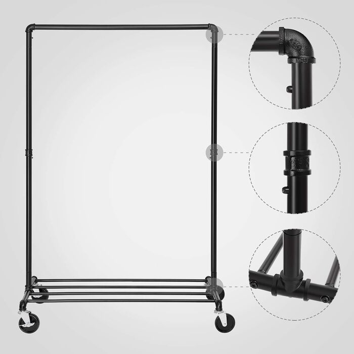 SONGMICS Clothes Rack, Garment Rod, with Wheels, Load Capacity up to 90 kg, Coat Rack with 1 Garment Rod and Shelf, Industrial Design, for Bedroom, Laundry Room, Black HSR61BK