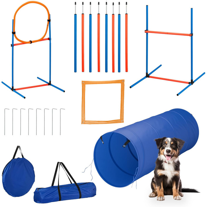 Набір для аджиліті для собак Relaxdays, 76 елементів, регульовані бар'єри, обруч, стійки для слалому, сумка, блакитний/помаранчевий