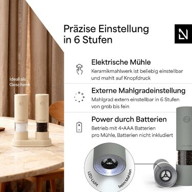 Електричні млини для солі та перцю LARS NYSØM (2 шт.) з регульованим керамічним подрібнювачем, працюють від AAA батарейок, сірий колір