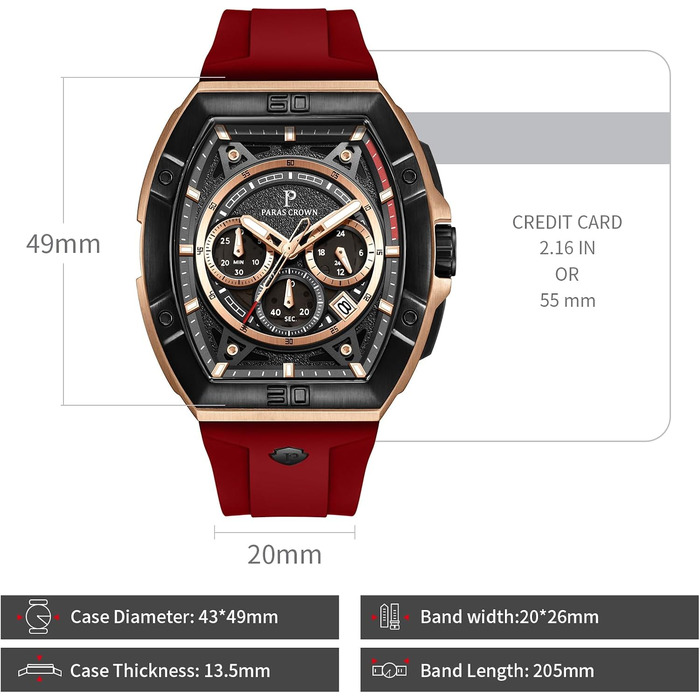 Чоловічий годинник-хронограф на кварцовому механізмі з японським годинниковим механізмом, 5ATM, корпус з нержавіючої сталі, тонка форма корпусу (Tonneau), силіконовий ремінець (рожево-червоний)