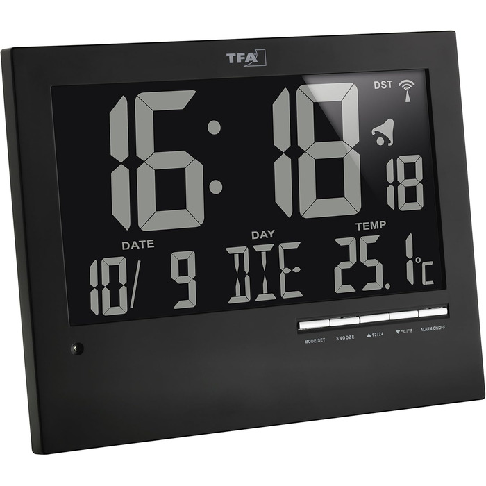 TFA Dostmann Digital Radio Clock with Automatic Backlight, with Indoor Temperature, Date, Day of the Week, Black, 60.4508, L 230 x W 31 (80) x H 185 mm