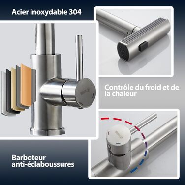 Змішувач для кухні BELZ з висувною лійкою, 3 режими, поворотний на 360°, нержавіюча сталь SUS304, матовий нікель