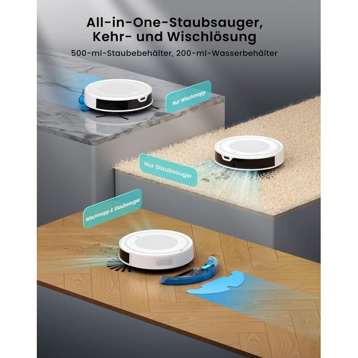 Робот-пилосос LEFANT M2 з функцією миття, 6000Pa, LiDAR-навігація, зони заборони, керування через APP/Alexa, для шерсті тварин, килимів та твердих підлог (M310 Ultra-W)