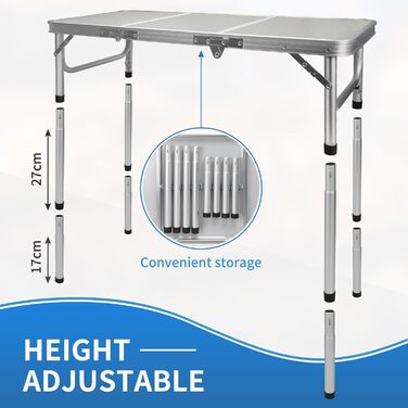 Складаний туристичний стіл CPROSP 90x40 см, регульована висота 26-70 см, срібний