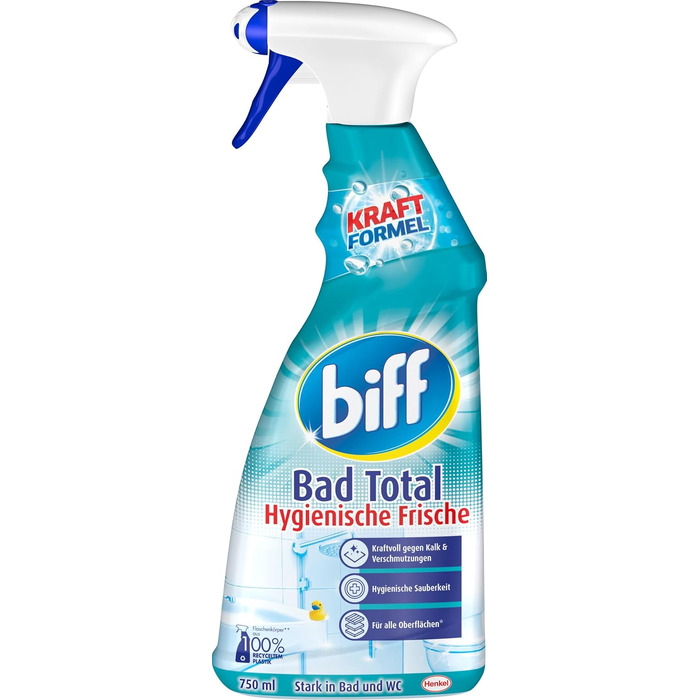Засіб для чищення ванної кімнати Biff Bad Total Hygienische Frische проти вапна та бруду, гігієнічна свіжість, спрей 750 мл (набір 16 шт.)