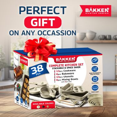 Набір гранітного посуду та форм для запікання Bakken Master, 38 предметів, антипригарне покриття, знімні ручки та скляними кришками, білий (Opulenter Garten)