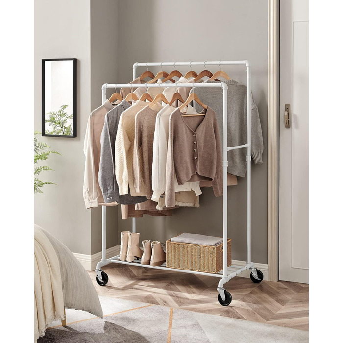 SONGMICS Clothes Rack, Clothes Rod, Coat Rack with 2 Clothes Rods and Shelf, Wheels, Load Capacity up to 110 kg, Industrial Design, for Bedroom, Dressing Room, White HSR060W01