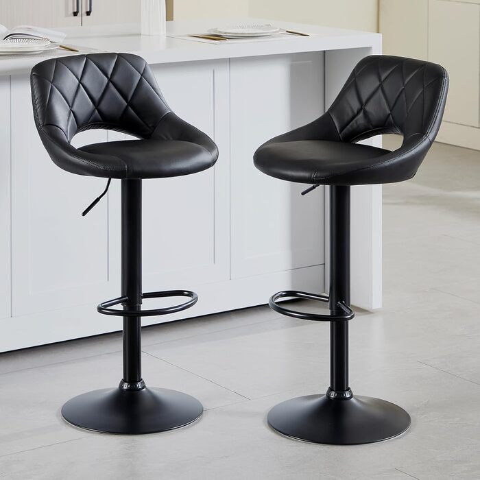Chummaven 2-Piece Adjustable Bar Stools with Backrest - Faux Leather Kitchen Bar Stools with Chrome Footrest - Padded Barstools for Home Bar, Black