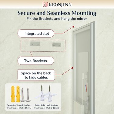 Дзеркало для ванної кімнати Keonjinn з підсвічуванням 60 см, антизапарюючий, з сенсорним вимикачем, пам'ять, 3 кольори світла, регульована яскравість, LED, без рами, прямокутне (90x90 см)