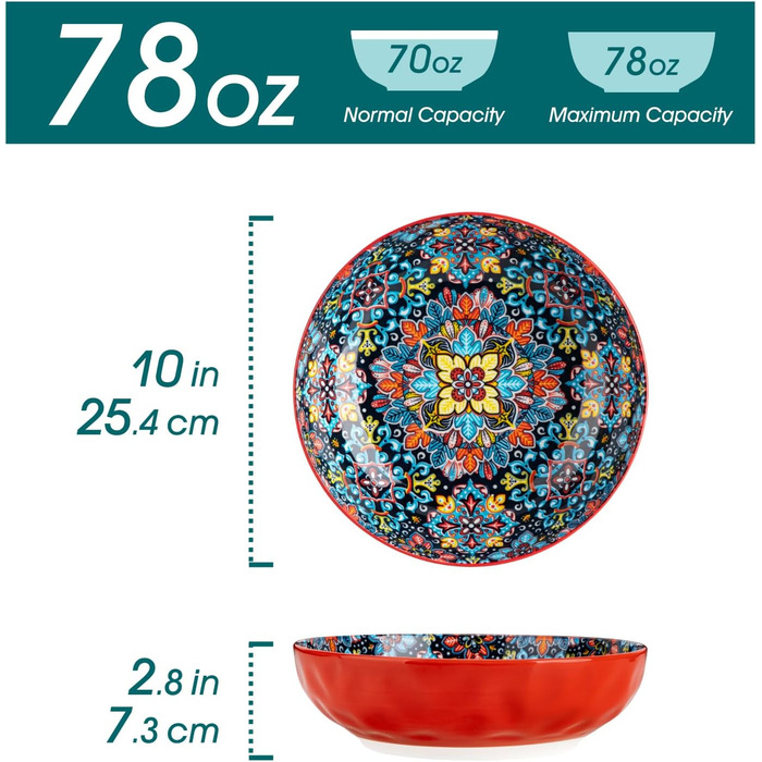 Набір тарілок Vancasso (4 шт) для супу та салату, кераміка, 2340 мл, червоний та помаранчевий, придатні для миття в посудомийній машині та мікрохвильовій печі