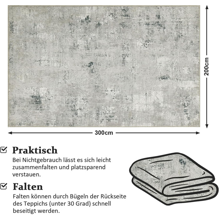 Килим для вітальні блакитний вінтажний меланжевий з ефектом вицвітання, короткий ворс, килими, прання, нековзкі килими для спальні (200x300 см, зелено-сірий)