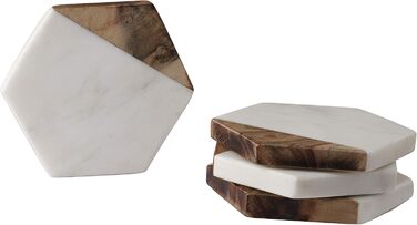 GoCraft Coasters made of marble and mango wood, handcrafted, geometric, white. Marble coasters for drinks, wine glasses, beverages, cocktails, and bar glassware, elegant home decor and