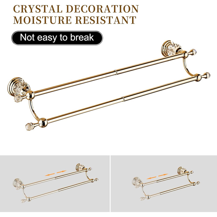 Golden Bathroom Toothbrush Holder, Gold Crystals, Bathroom Hardware (Double Towel Bar, Bright Gold)