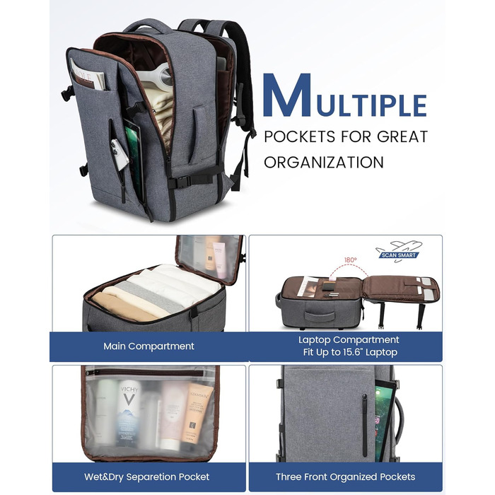 Рюкзак LOVEVOOK для ручної поклажі 45x36x20 см, 30L, сірий - для ноутбука 15.6