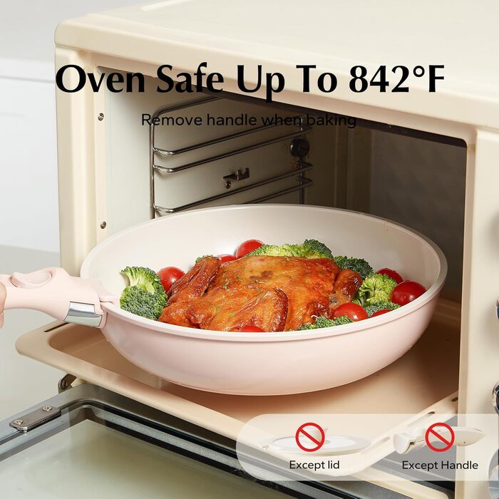 Набір посуду Redchef 16 предметів: каструлі та сковороди з керамічним антипригарним покриттям, знімні ручки, без PFAS, PFOA та PTFE, для кемпінгу та приготування їжі, сумісний з духовкою (колір: рожевий)