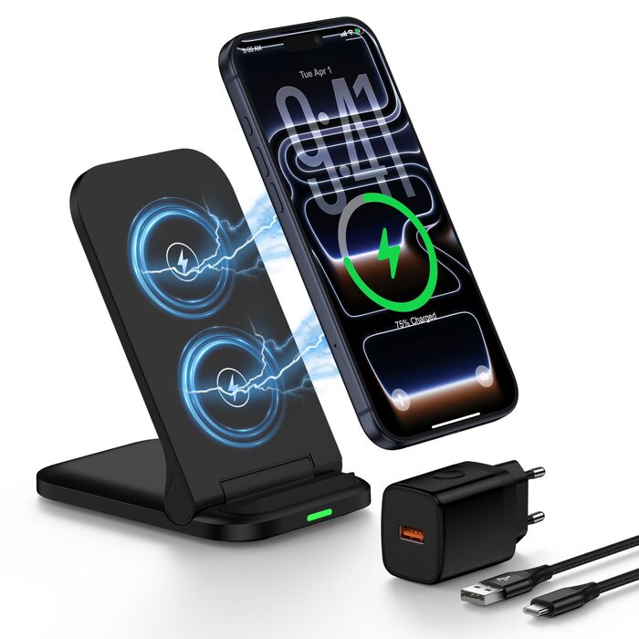 Бездротова зарядка Samsung 15W з адаптером живлення: підставка для швидкої зарядки Galaxy S25/S24/S23/S22/S21/S20, iPhone 17-11, Google Pixel 10/10 Pro/9 Pro – чорна, складана